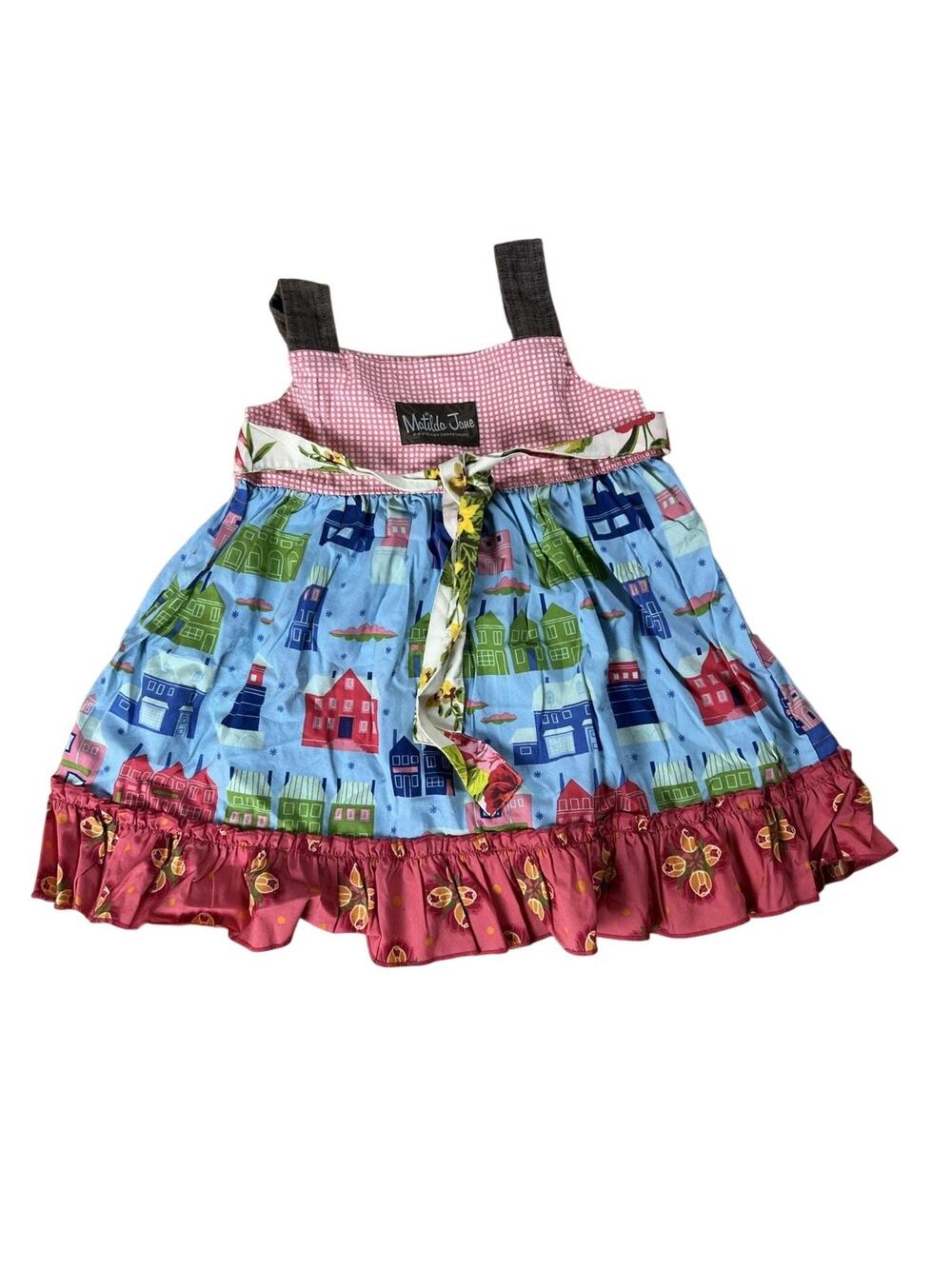 Matilda Jane Dress Girls 2T Blue Patchwork Sundress Square Neck Straps Ruffle